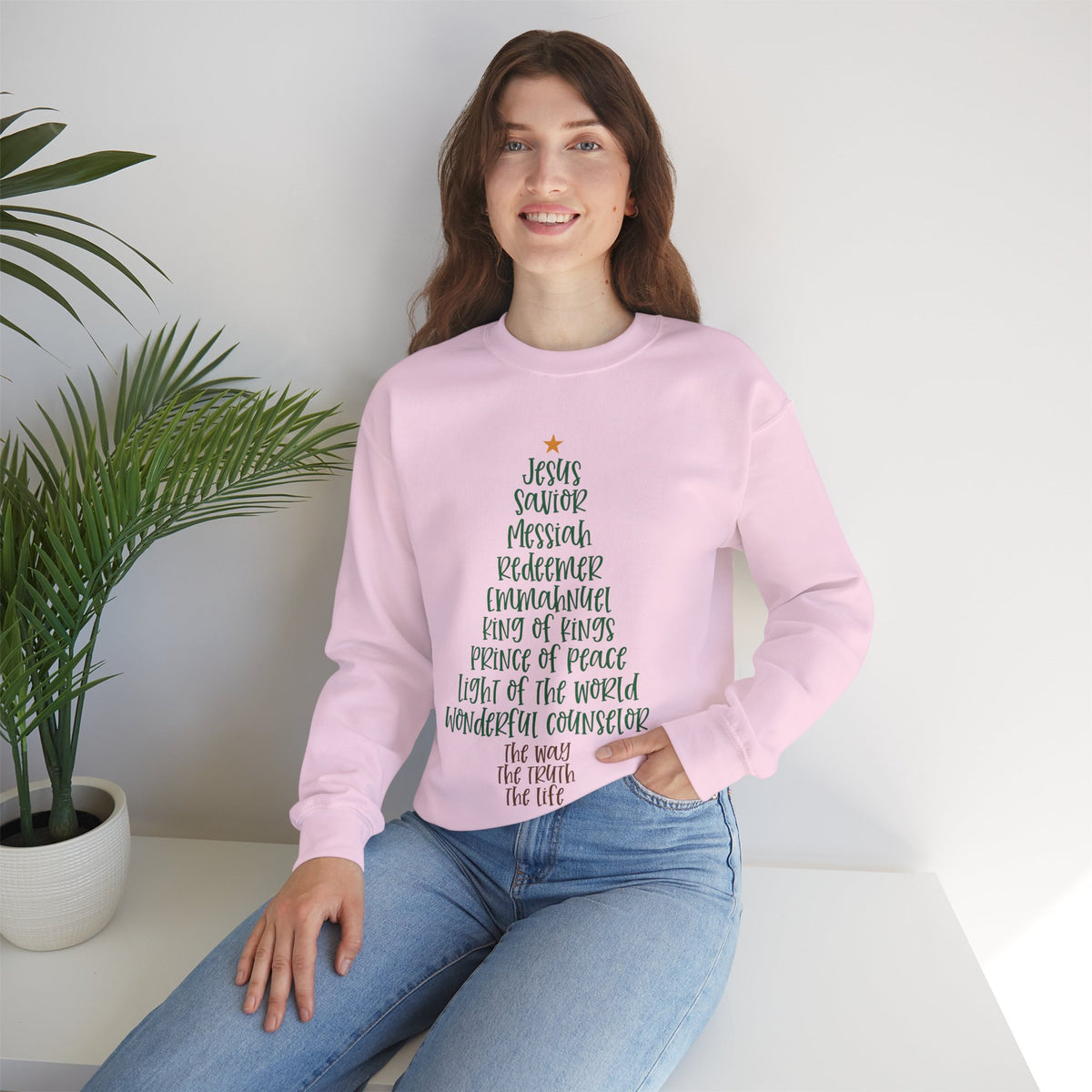 Jesus Names Christmas Tree – Gildan Heavy Blend | Trendy Women’s Soft Sweatshirt. Direct to Garment. Printed & Shipped in the USA. Unisex Sizes.