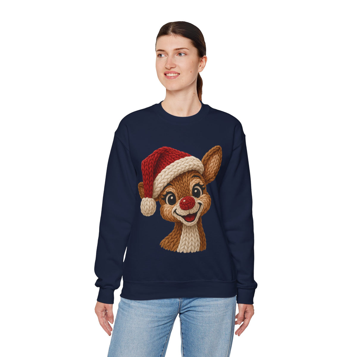 Cute Rudolph Faux Knit Look Reindeer w/Santa Hat – Gildan Heavy Blend | Trendy Women’s Soft Sweatshirt. Direct to Garment. Printed & Shipped in the USA. Unisex Sizes.