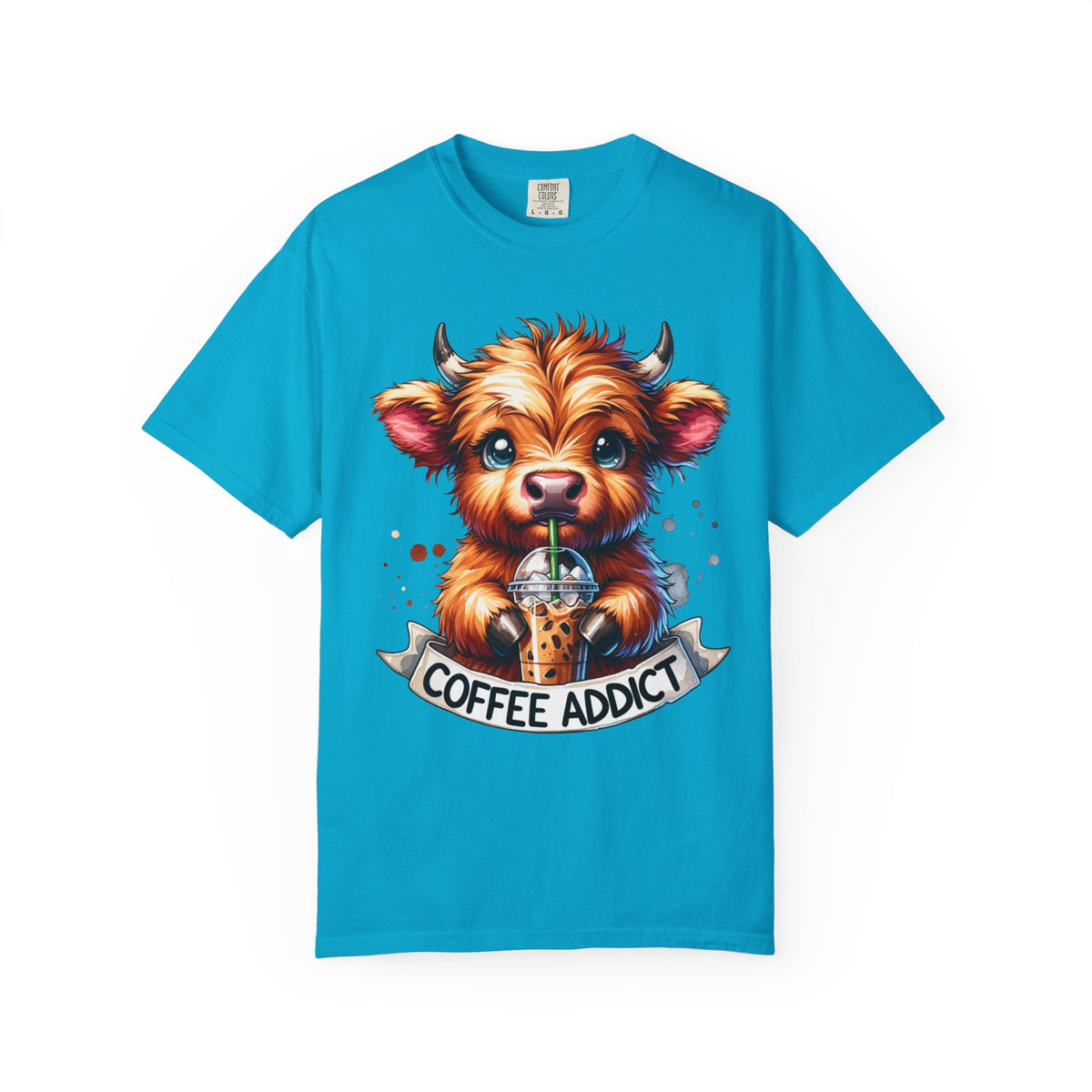 Coffee Addict Highland Cow Drinking Iced Coffee - Comfort Colors | Trendy Women's T-Shirt. Direct to Garment. Printed & Shipped in the USA. Unisex Sizes.