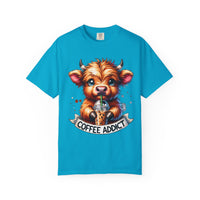Coffee Addict Highland Cow Drinking Iced Coffee - Comfort Colors | Trendy Women's T-Shirt. Direct to Garment. Printed & Shipped in the USA. Unisex Sizes.