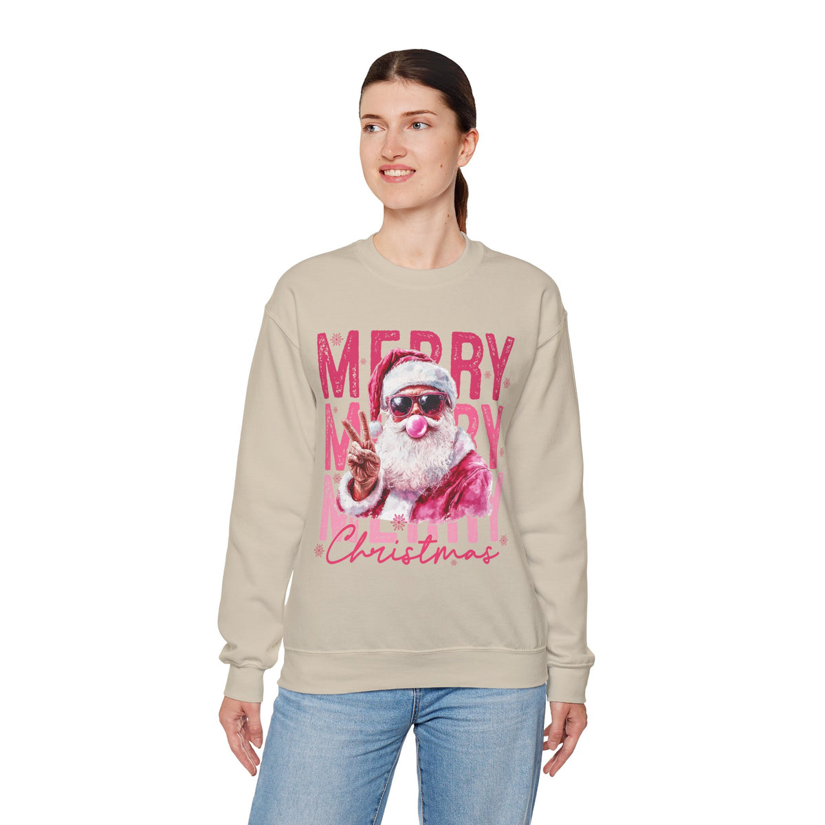Pink Merry Christmas Bubblegum Santa – Gildan Heavy Blend | Trendy Women’s Soft Sweatshirt. Direct to Garment. Printed & Shipped in the USA. Unisex Sizes.
