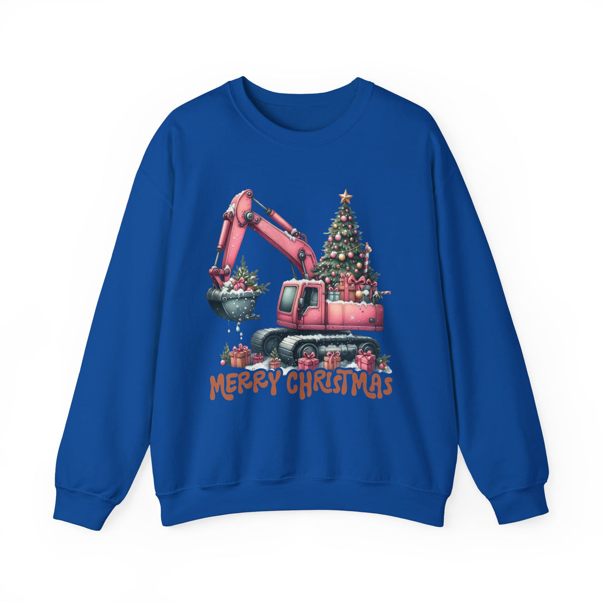 Excavator Merry Christmas Construction – Gildan Heavy Blend | Trendy Women’s Soft Sweatshirt. Direct to Garment. Printed & Shipped in the USA. Unisex Sizes.