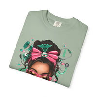 Nurse Life Messy Bun, Cute Stethoscope & Syringe - Comfort Colors | Trendy Women's T-Shirt. Direct to Garment. Printed & Shipped in the USA. Unisex Sizes.