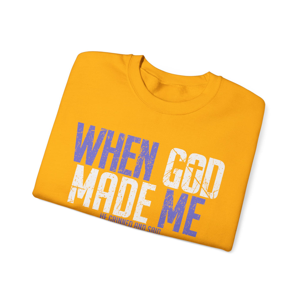 When God Made Me "This'll Be Fun" Christian Faith Distressed – Gildan Heavy Blend | Trendy Women’s and Men's Soft Sweatshirt. Direct to Garment. Printed & Shipped in the USA. Unisex Sizes.