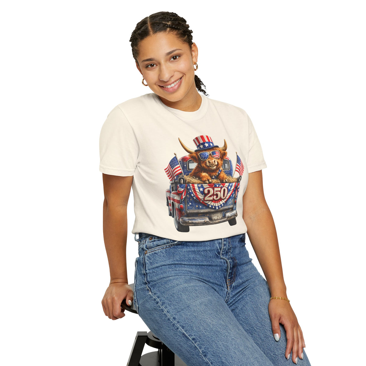 Patriotic Highland, America's 250th Birthday - Comfort Colors | Trendy Women's and Men's T-Shirt. Direct to Garment. Printed & Shipped in the USA. Unisex Sizes.