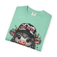 Cute Highland Cow 'Hot Mess' In Braids  - Comfort Colors | Trendy Women's T-Shirt. Direct to Garment. Printed & Shipped in the USA. Unisex Sizes.