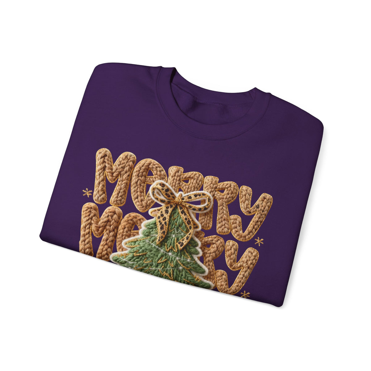 Merry Merry Merry Christmas, Faux Latch Hook Yarn – Gildan Heavy Blend | Trendy Women’s Soft Sweatshirt. Direct to Garment. Printed & Shipped in the USA. Unisex Sizes.