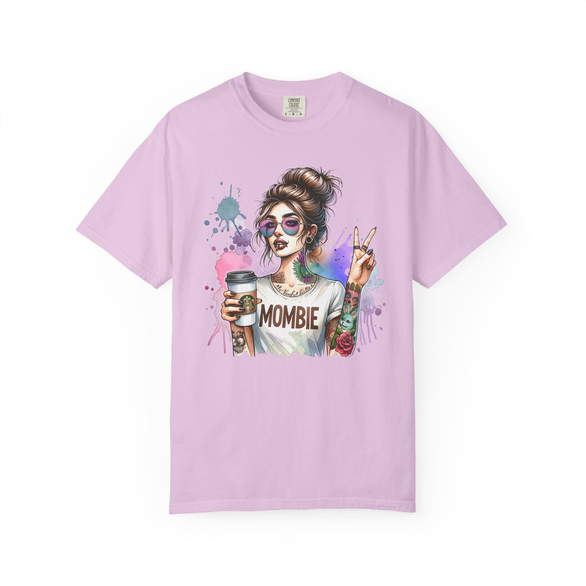 Cool Mombie with Coffee Peace Tattoo - Comfort Colors | Trendy Women's T-Shirt. Direct to Garment. Printed & Shipped in the USA. Unisex Sizes.