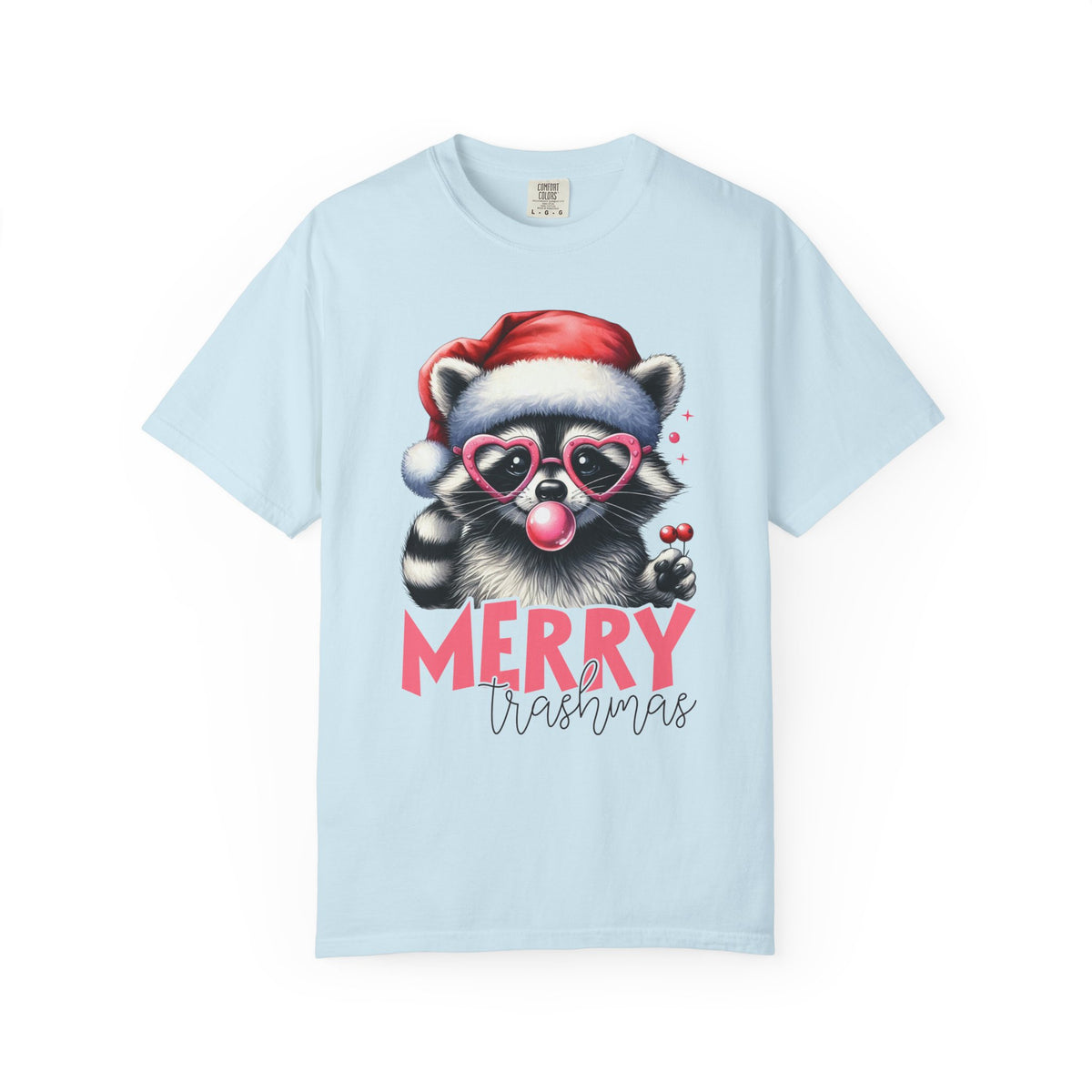 Merry Trashmas Bubblegum Raccoon w/Santa Hat Christmas - Comfort Colors | Trendy Women's T-Shirt. Direct to Garment. Printed & Shipped in the USA. Unisex Sizes.