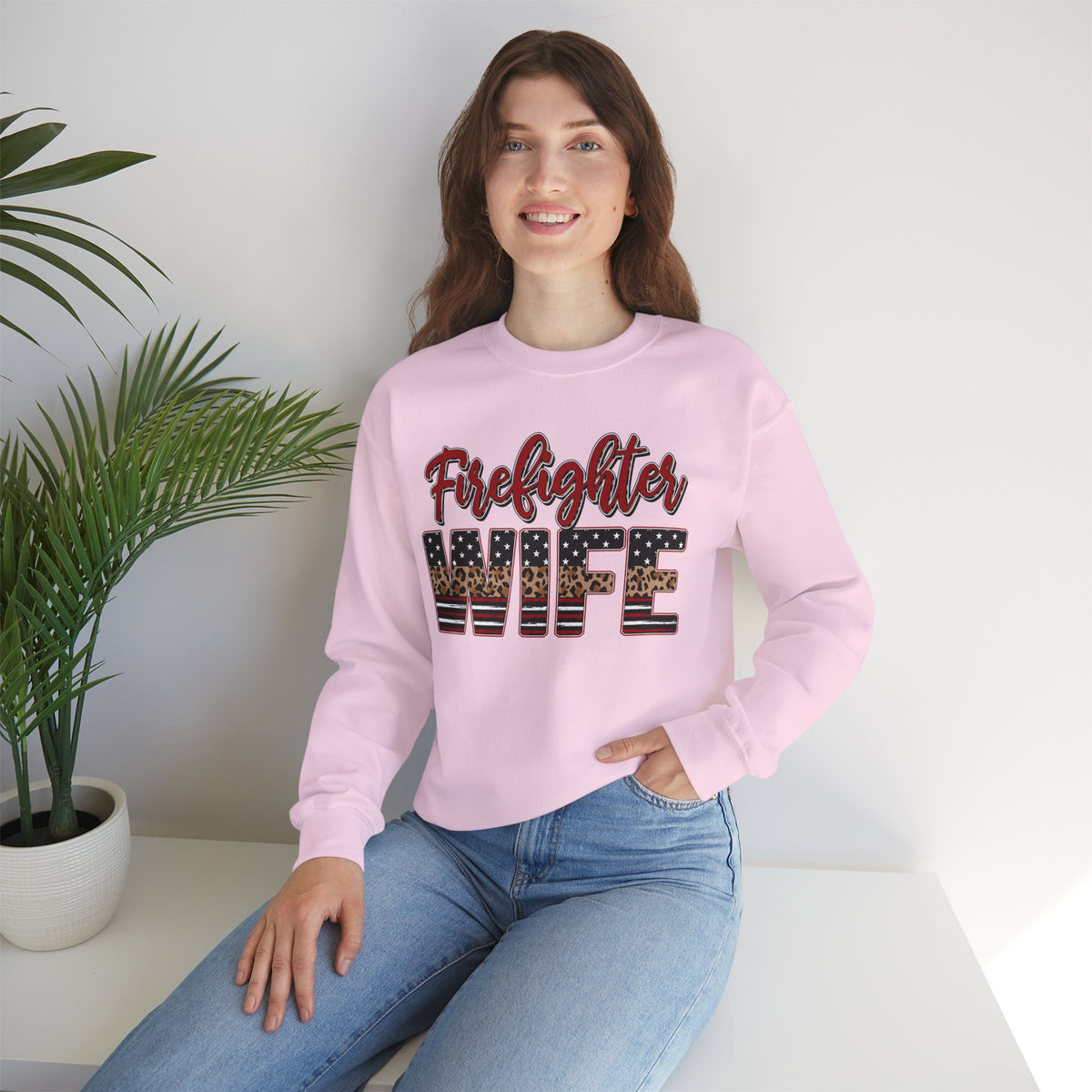 Firefighter Wife Patriotic Flag Lettering for Firefighter Spouse – Gildan Heavy Blend | Trendy Women’s Soft Sweatshirt. Direct to Garment. Printed & Shipped in the USA. Unisex Sizes.