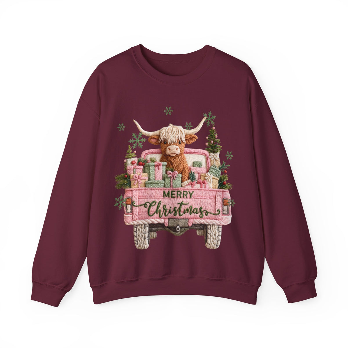 Highland Cow in Pink Truck Merry Christmas Holiday Farmhouse – Gildan Heavy Blend | Trendy Women’s Soft Sweatshirt. Direct to Garment. Printed & Shipped in the USA. Unisex Sizes.
