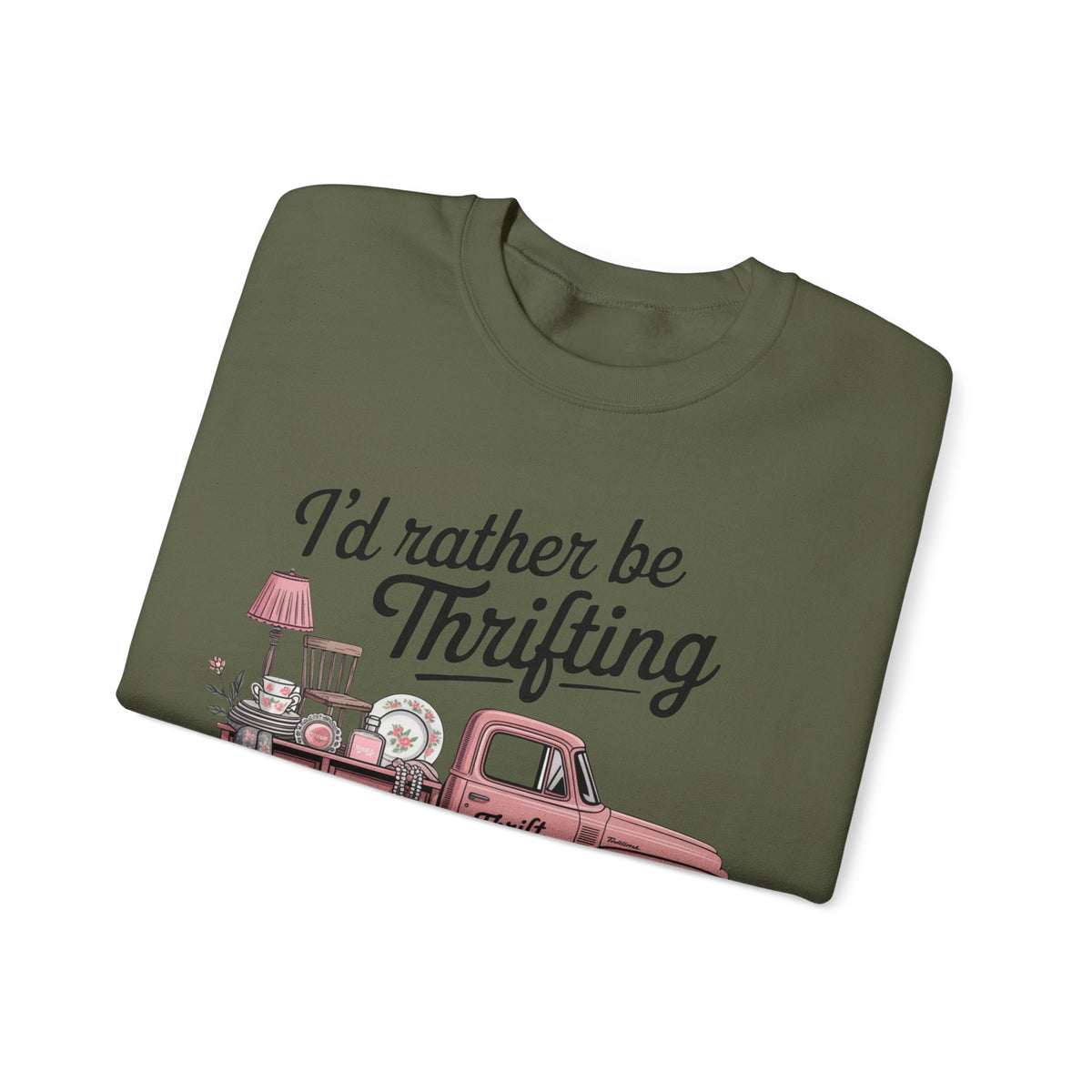 I'd Rather Be Thrifting. Pink Vintage Truck – Gildan Heavy Blend | Trendy Women’s Soft Sweatshirt. Direct to Garment. Printed & Shipped in the USA. Unisex Sizes.