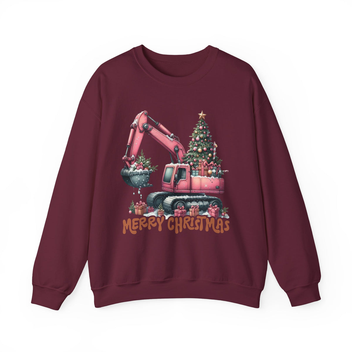 Excavator Merry Christmas Construction – Gildan Heavy Blend | Trendy Women’s Soft Sweatshirt. Direct to Garment. Printed & Shipped in the USA. Unisex Sizes.