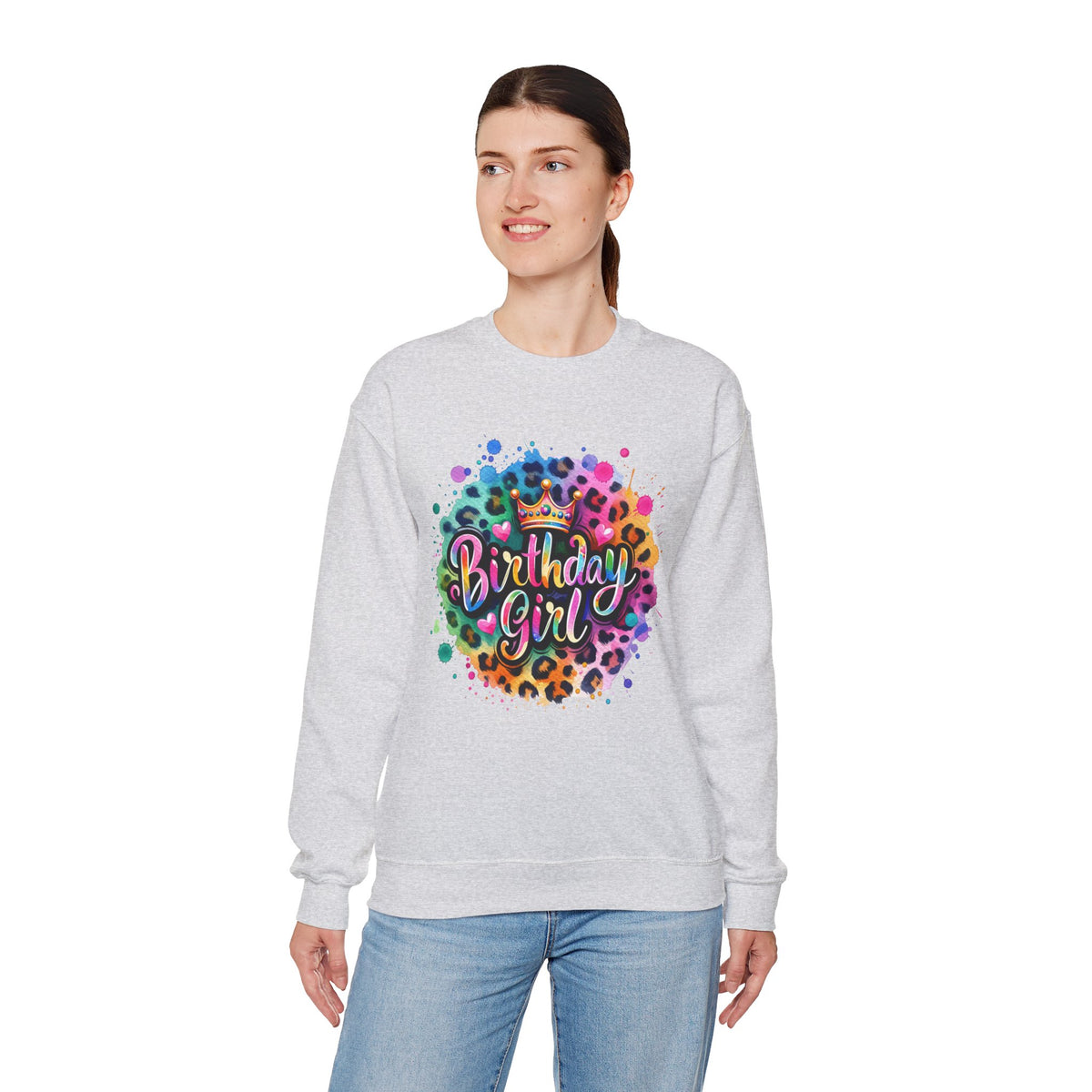 Birthday Girl, Neon Leopard – Gildan Heavy Blend | Trendy Women’s Soft Sweatshirt. Direct to Garment. Printed & Shipped in the USA. Unisex Sizes.