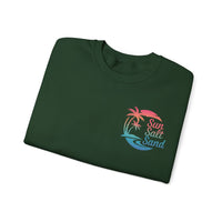 Sun Salt Sand, Beach Sunset - Front & Back Print – Gildan Heavy Blend | Trendy Women’s and Men's Soft Sweatshirt. Direct to Garment. Printed & Shipped in the USA. Unisex Sizes.