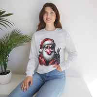 Biker Santa Leather Jacket Bubblegum – Gildan Heavy Blend | Trendy Women’s and Men's Soft Sweatshirt. Direct to Garment. Printed & Shipped in the USA. Unisex Sizes.