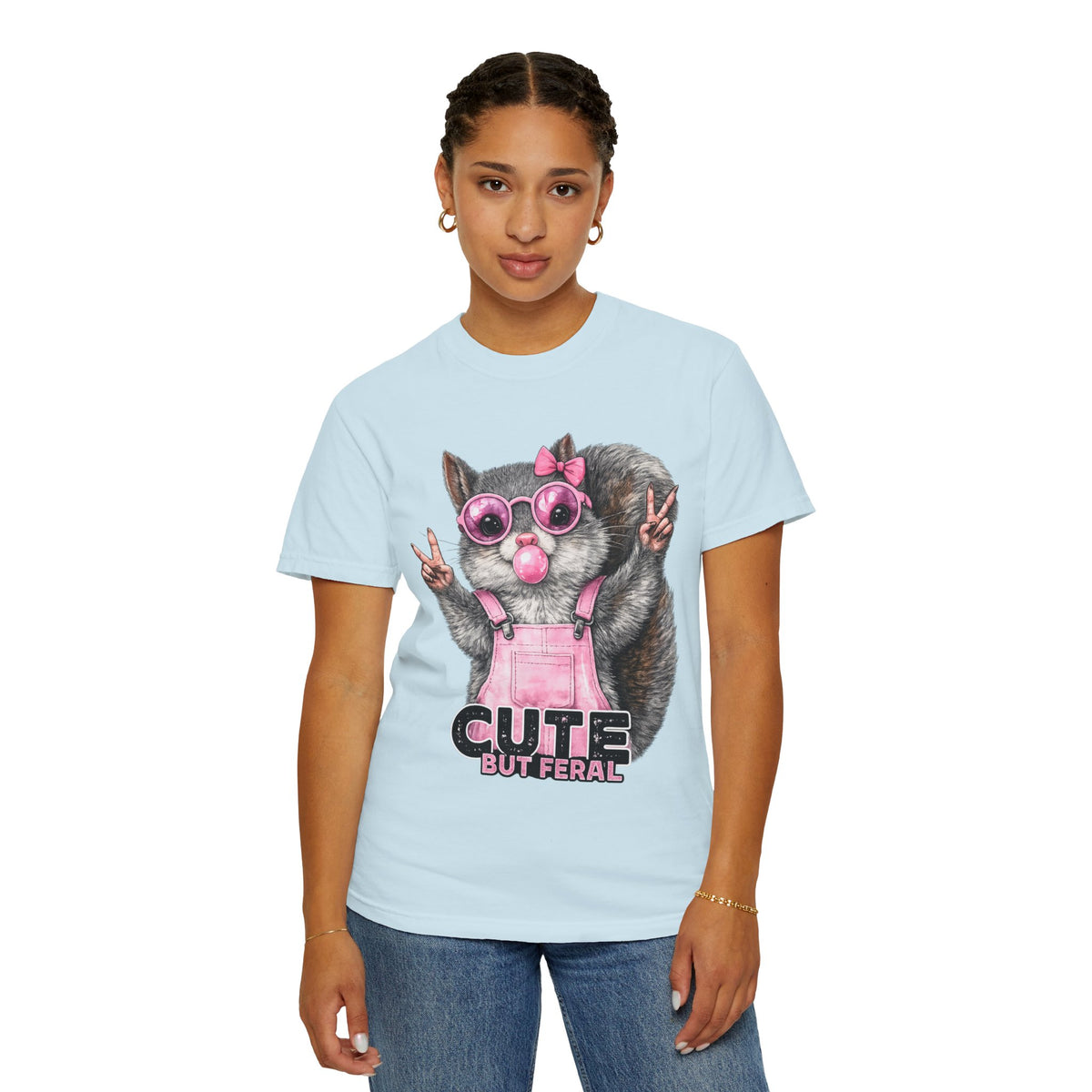 Cute But Feral, Squirrel in Pink Bibs - Comfort Colors | Trendy Women's T-Shirt. Direct to Garment. Printed & Shipped in the USA. Unisex Sizes.