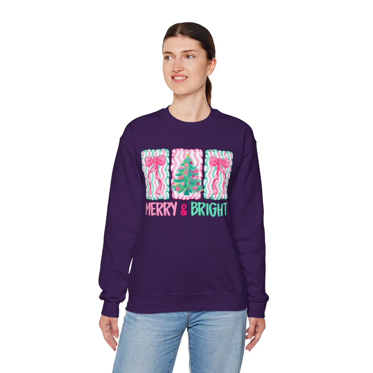 Merry & Bright Christmas - Pink & Green Holiday Tree Design – Gildan Heavy Blend | Trendy Women’s Soft Sweatshirt. Direct to Garment. Printed & Shipped in the USA. Unisex Sizes.