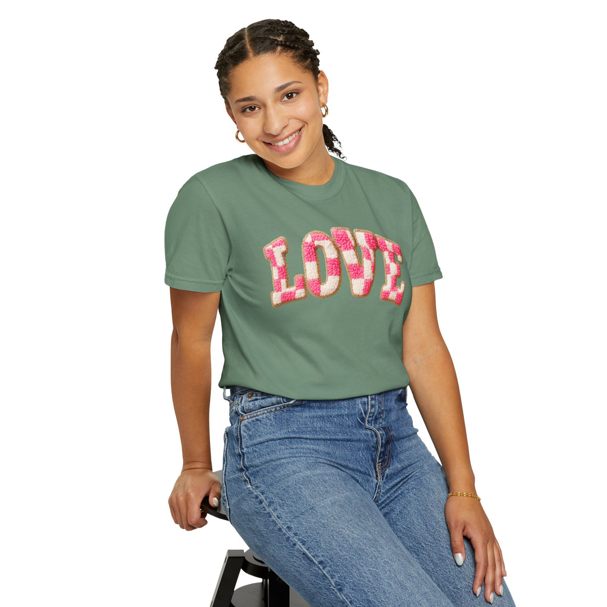 Faux Crochet Checkered LOVE - Comfort Colors | Trendy Women's T-Shirt. Direct to Garment. Printed & Shipped in the USA. Unisex Sizes.
