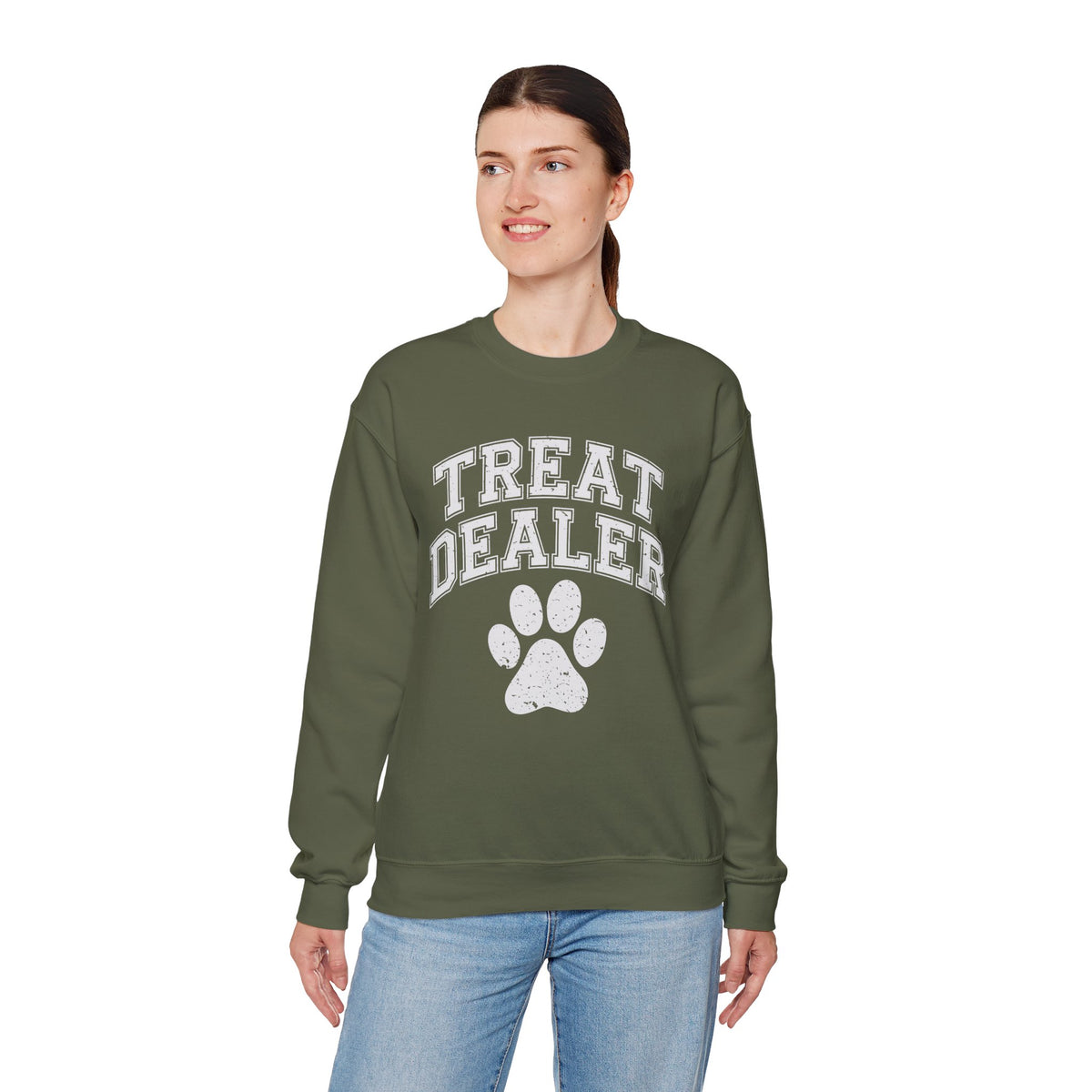 Treat Dealer, Dog Lover – Gildan Heavy Blend | Trendy Men's and Women’s Soft Sweatshirt. Direct to Garment. Printed & Shipped in the USA. Unisex Sizes.