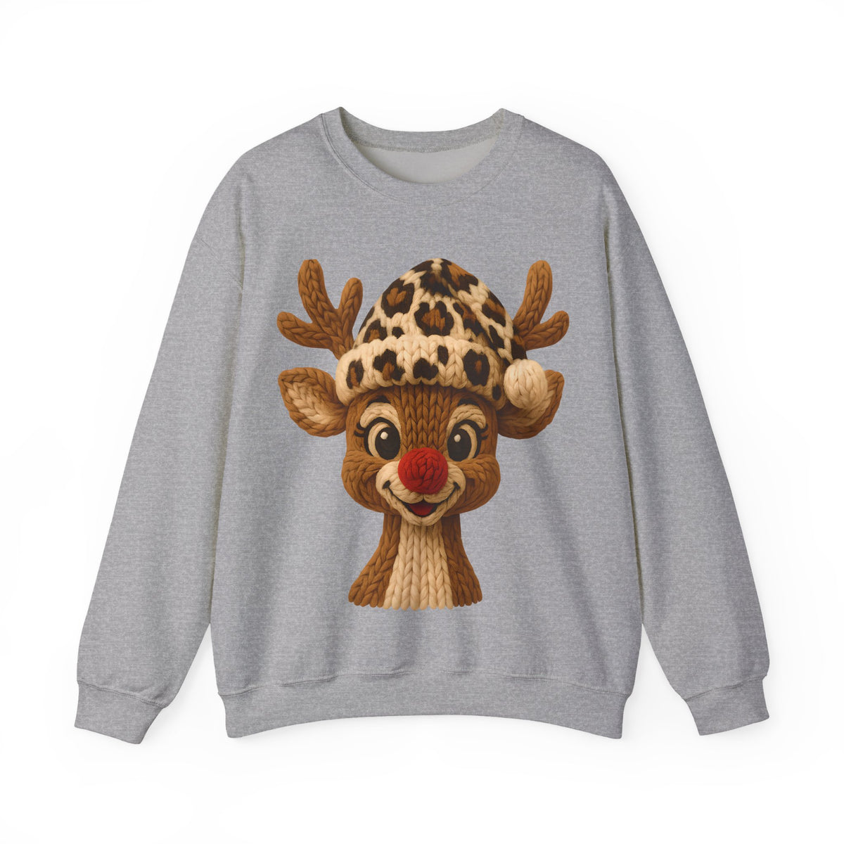 Rudolph Reindeer Leopard Santa Hat Christmas – Gildan Heavy Blend | Trendy Women’s Soft Sweatshirt. Direct to Garment. Printed & Shipped in the USA. Unisex Sizes.