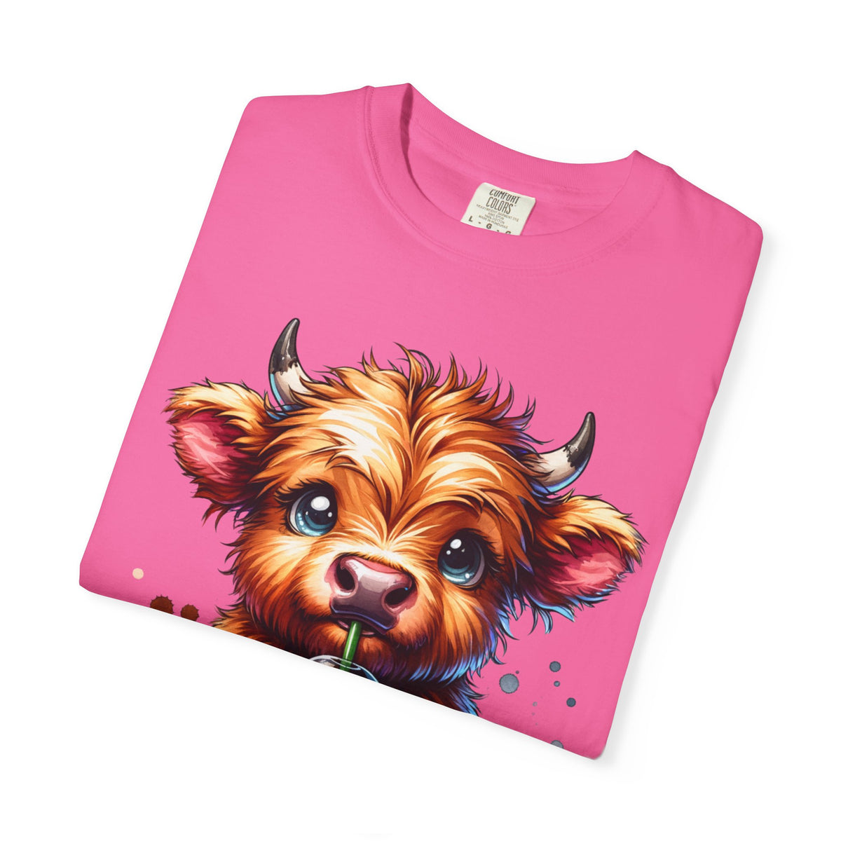 Coffee Addict Highland Cow Drinking Iced Coffee - Comfort Colors | Trendy Women's T-Shirt. Direct to Garment. Printed & Shipped in the USA. Unisex Sizes.