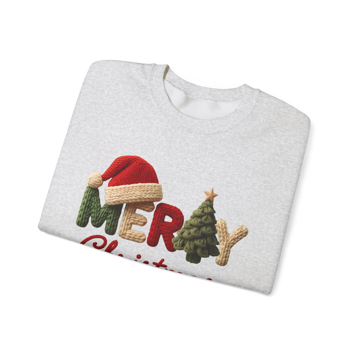Merry Christmas Faux Yarn w/Santa Hat & Tree – Gildan Heavy Blend | Trendy Women’s Soft Sweatshirt. Direct to Garment. Printed & Shipped in the USA. Unisex Sizes.