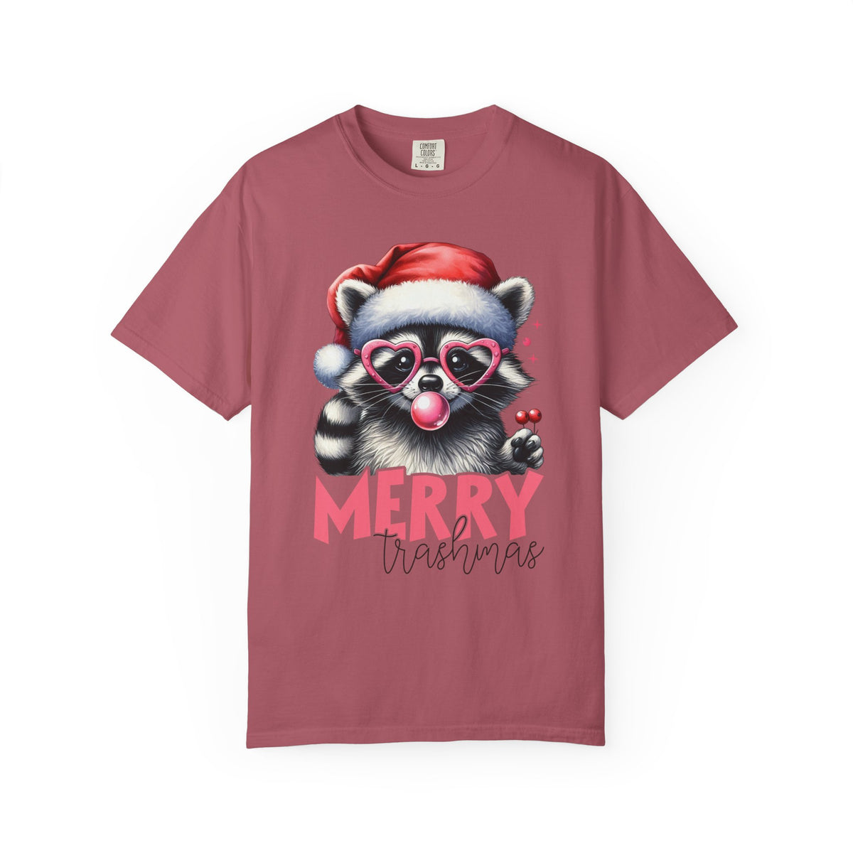 Merry Trashmas Bubblegum Raccoon w/Santa Hat Christmas - Comfort Colors | Trendy Women's T-Shirt. Direct to Garment. Printed & Shipped in the USA. Unisex Sizes.