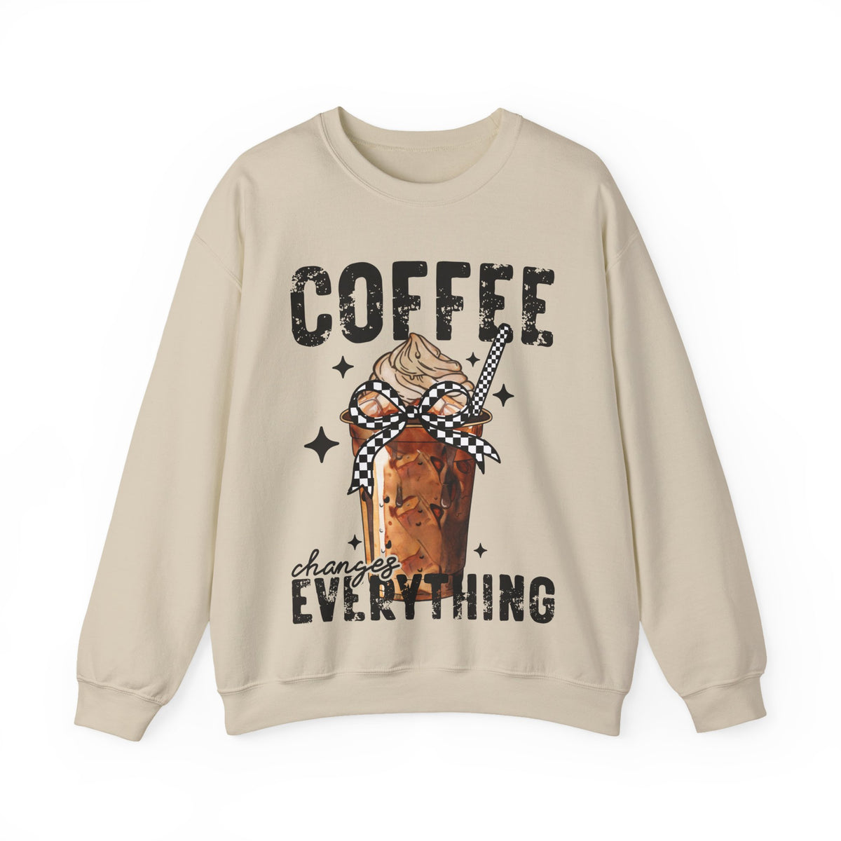 Coffee Changes Everything, Iced Coffee, Coffee Lovers – Gildan Heavy Blend | Trendy Women’s Soft Sweatshirt. Direct to Garment. Printed & Shipped in the USA. Unisex Sizes.