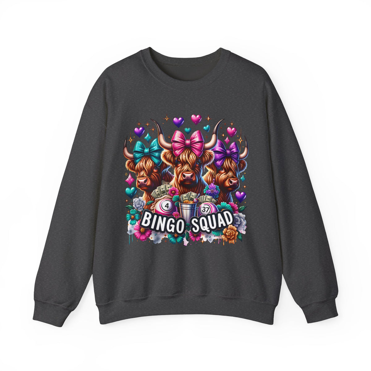 Cute Highland Cows Bingo Squad – Gildan Heavy Blend | Trendy Women’s Soft Sweatshirt. Direct to Garment. Printed & Shipped in the USA. Unisex Sizes.
