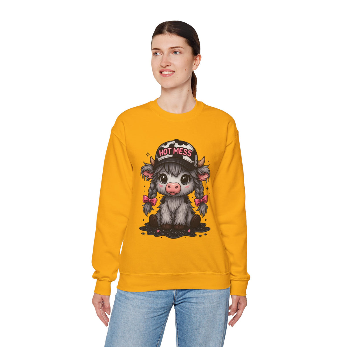Cute Highland Cow 'Hot Mess' In Braids – Gildan Heavy Blend | Trendy Women’s Soft Sweatshirt. Direct to Garment. Printed & Shipped in the USA. Unisex Sizes.