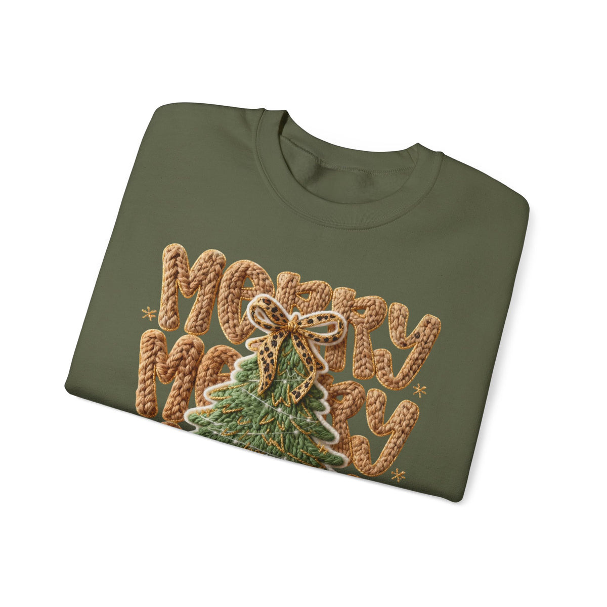 Merry Merry Merry Christmas, Faux Latch Hook Yarn – Gildan Heavy Blend | Trendy Women’s Soft Sweatshirt. Direct to Garment. Printed & Shipped in the USA. Unisex Sizes.
