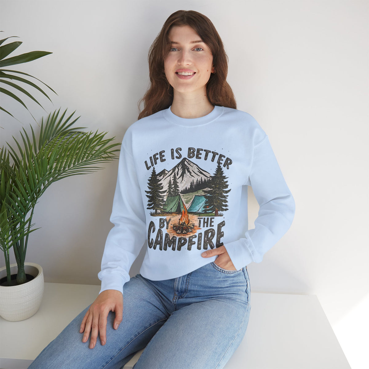 Life is Better By the Campfire – Gildan Heavy Blend | Trendy Women’s and Men's Soft Sweatshirt. Direct to Garment. Printed & Shipped in the USA. Unisex Sizes.