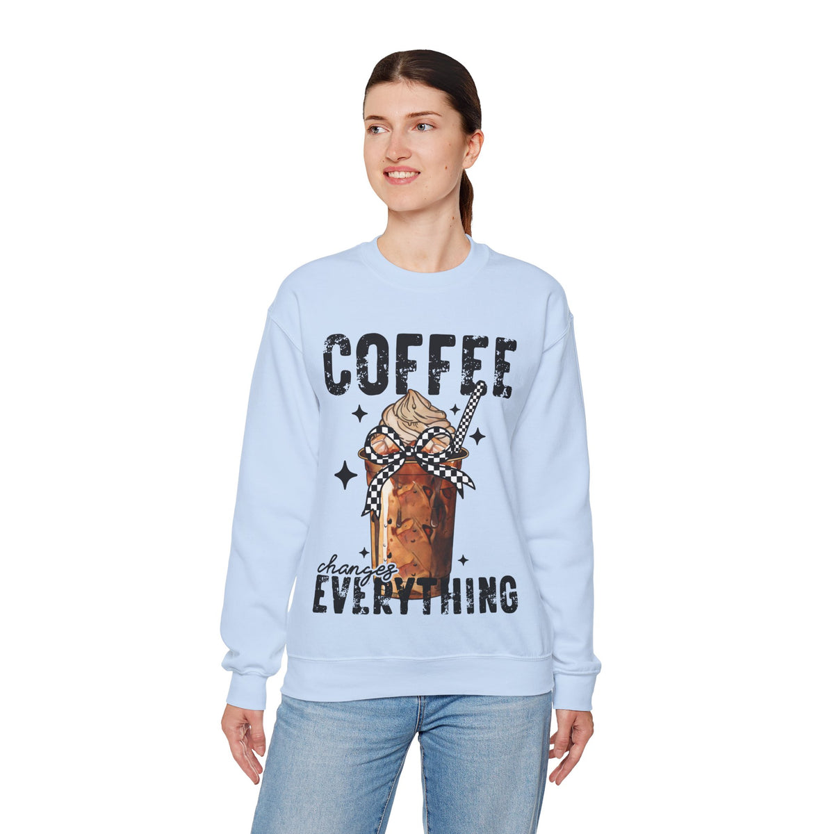 Coffee Changes Everything, Iced Coffee, Coffee Lovers – Gildan Heavy Blend | Trendy Women’s Soft Sweatshirt. Direct to Garment. Printed & Shipped in the USA. Unisex Sizes.