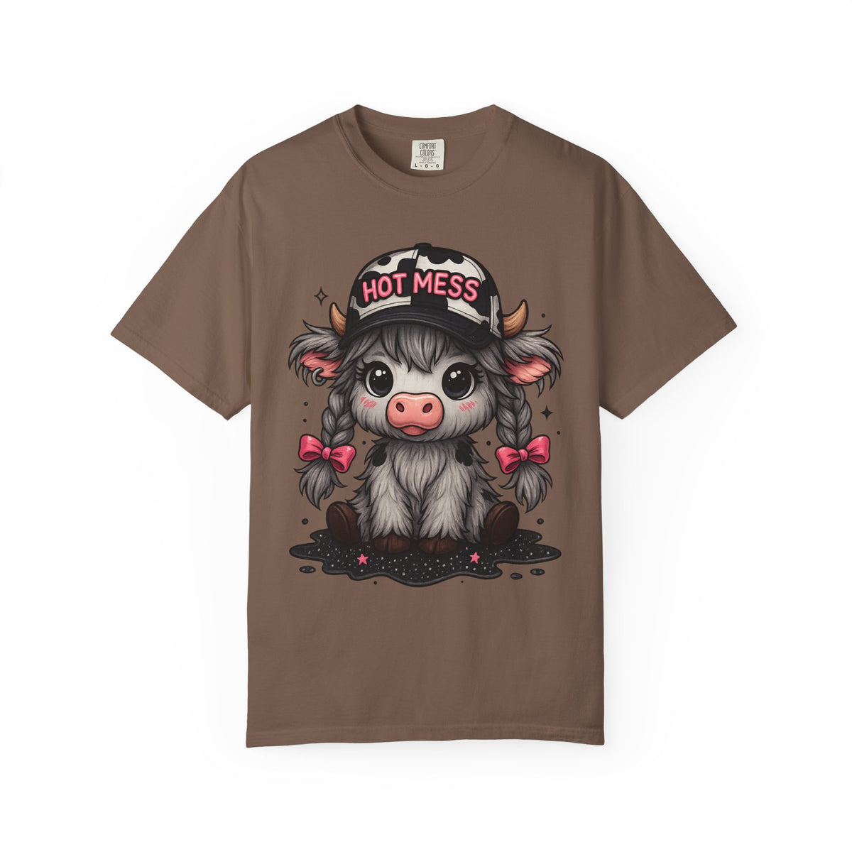Cute Highland Cow 'Hot Mess' In Braids  - Comfort Colors | Trendy Women's T-Shirt. Direct to Garment. Printed & Shipped in the USA. Unisex Sizes.