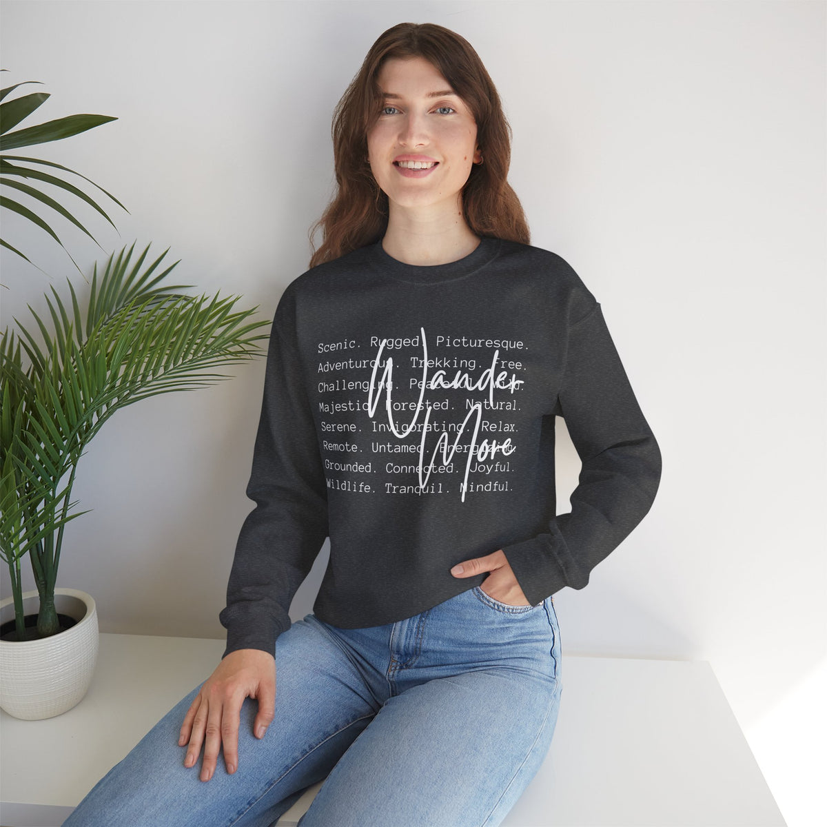 Wander More, Scenic Adventure Typography – Gildan Heavy Blend | Trendy Men's and Women’s Soft Sweatshirt. Direct to Garment. Printed & Shipped in the USA. Unisex Sizes.