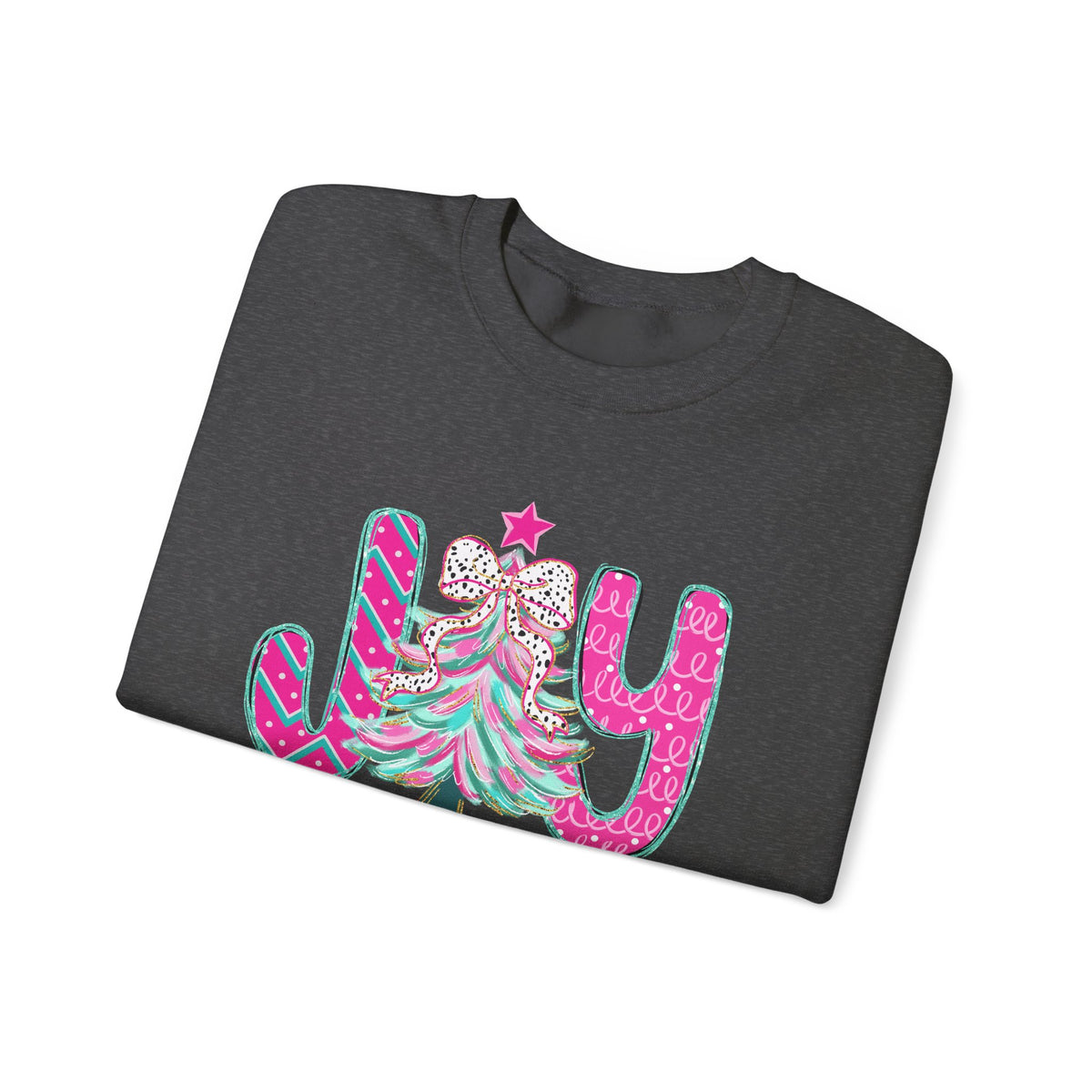 Joy to the World w/Christmas Tree Pink and Teal – Gildan Heavy Blend | Trendy Women’s Soft Sweatshirt. Direct to Garment. Printed & Shipped in the USA. Unisex Sizes.
