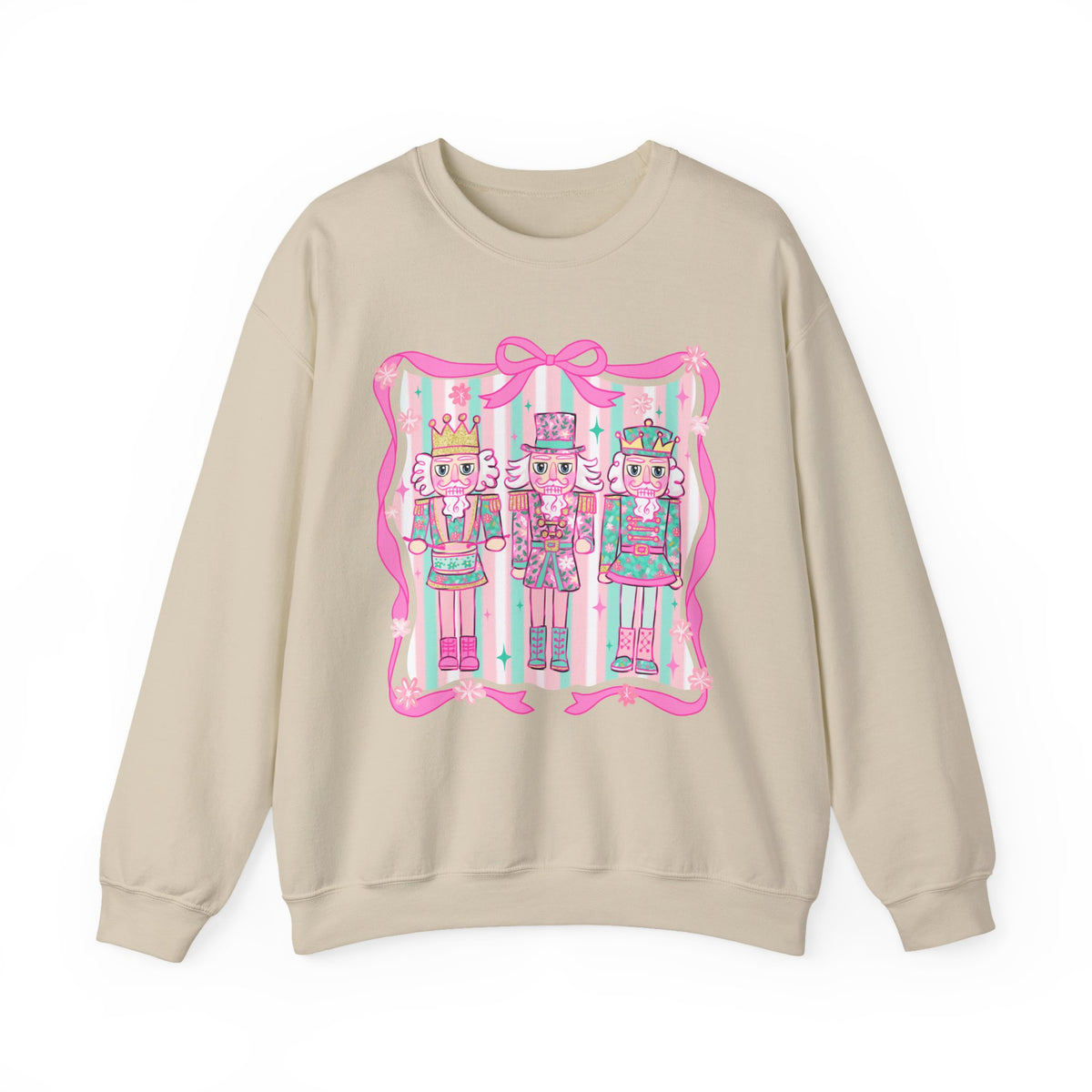 Coquette Pastel Christmas Nutcracker Trio Pink and Green – Gildan Heavy Blend | Trendy Women’s Soft Sweatshirt. Direct to Garment. Printed & Shipped in the USA. Unisex Sizes.