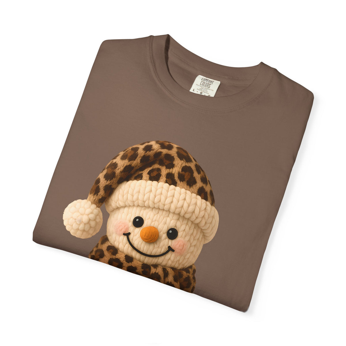Cute Leopard Faux Knit Snowman Winter - Comfort Colors | Trendy Women's T-Shirt. Direct to Garment. Printed & Shipped in the USA. Unisex Sizes.