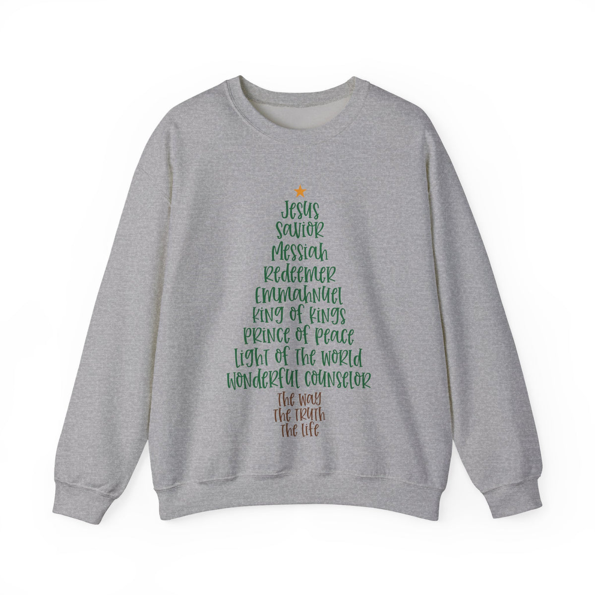 Jesus Names Christmas Tree – Gildan Heavy Blend | Trendy Women’s Soft Sweatshirt. Direct to Garment. Printed & Shipped in the USA. Unisex Sizes.