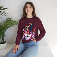Dramatic Girl With Wine Messy Bun Peace Sign – Gildan Heavy Blend | Trendy Women’s Soft Sweatshirt. Direct to Garment. Printed & Shipped in the USA. Unisex Sizes.