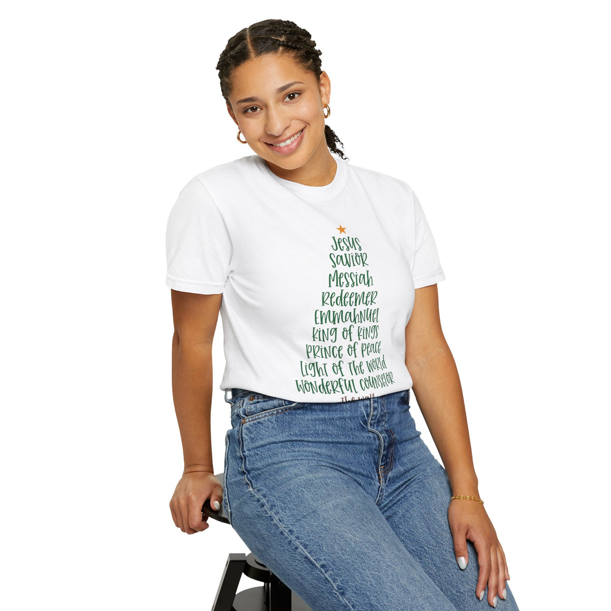 Jesus Name Christmas Tree - Comfort Colors | Trendy Women's T-Shirt. Direct to Garment. Printed & Shipped in the USA. Unisex Sizes.