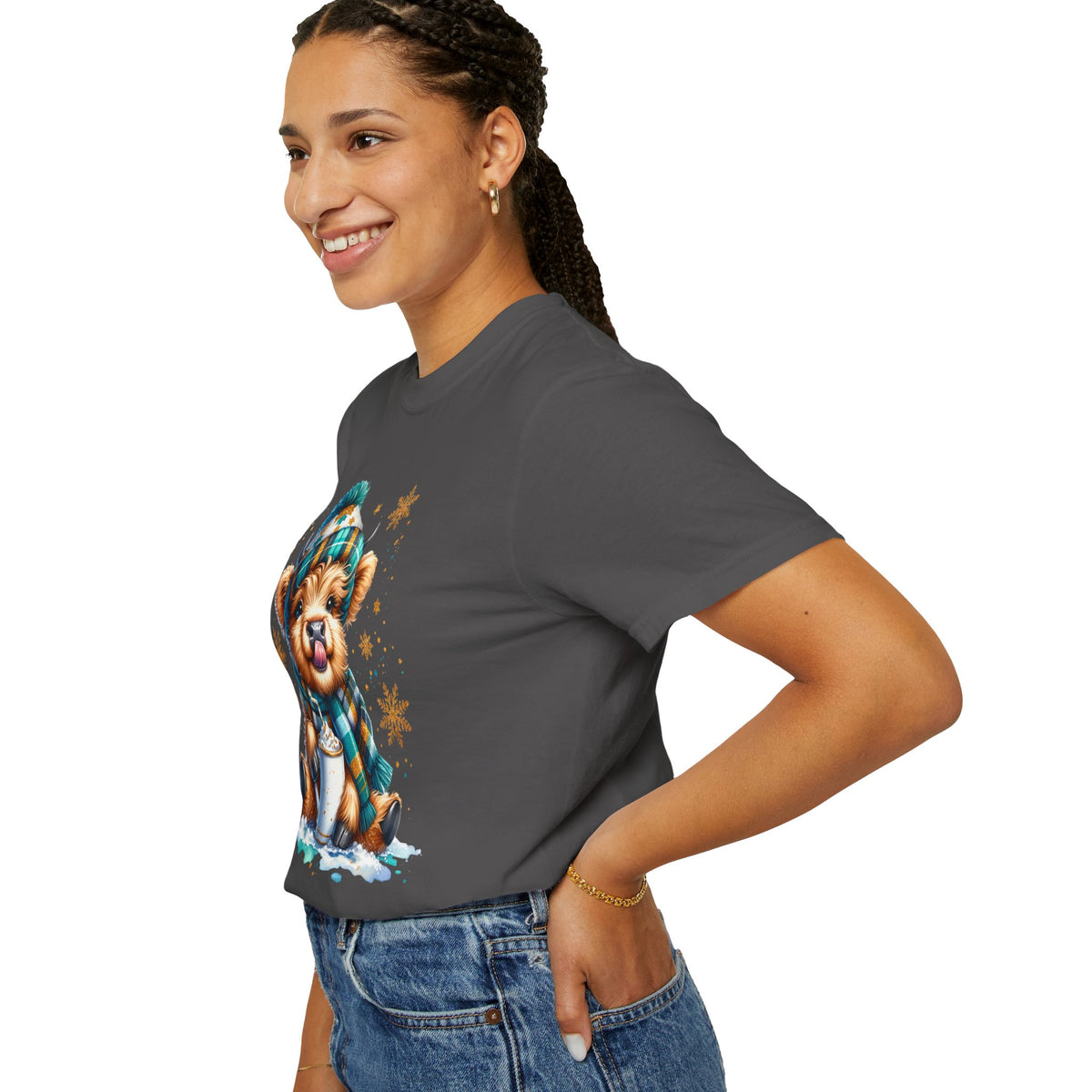 Winter Baby Highland Cow with Cocoa  - Comfort Colors | Trendy Women's T-Shirt. Direct to Garment. Printed & Shipped in the USA. Unisex Sizes.