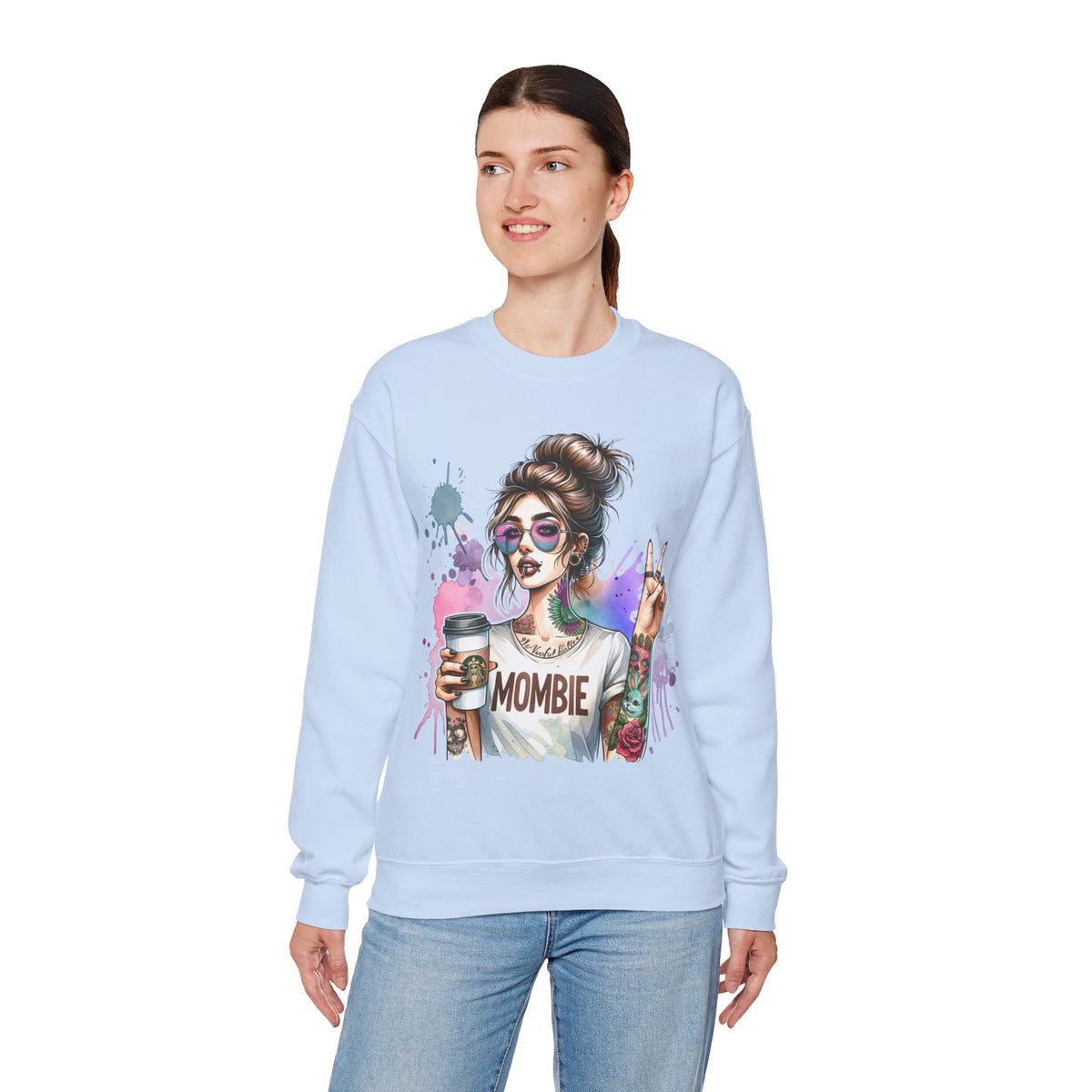 Cool Mombie with Coffee Peace Tattoo - Tired Mom – Gildan Heavy Blend | Trendy Women’s Soft Sweatshirt. Direct to Garment. Printed & Shipped in the USA. Unisex Sizes.