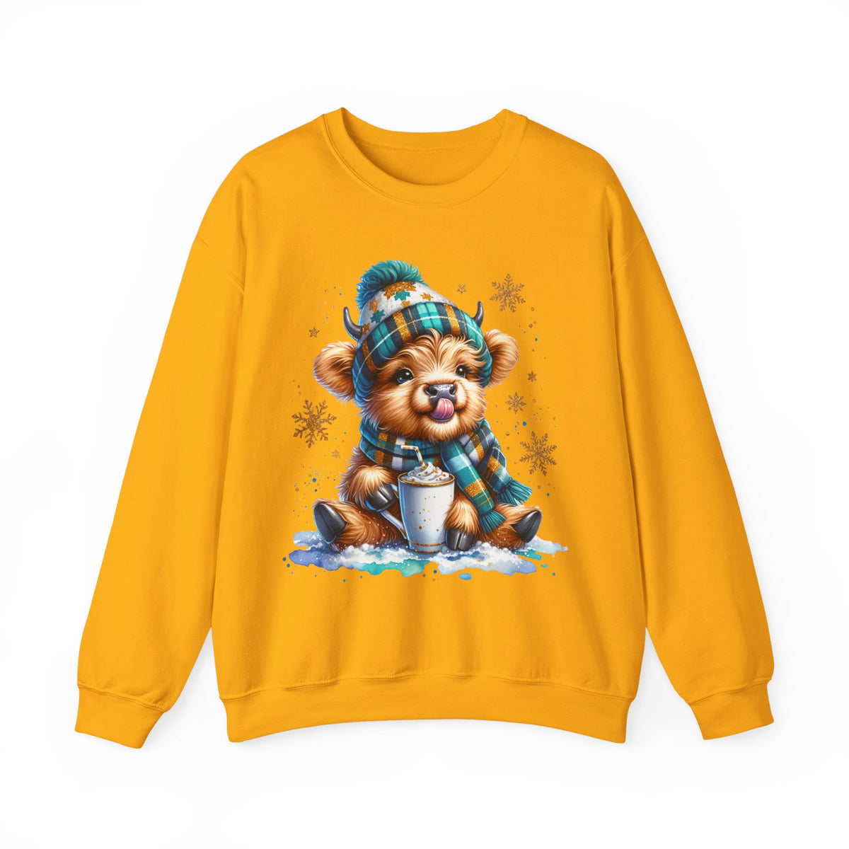 Winter Baby Highland Cow with Cocoa – Gildan Heavy Blend | Trendy Women’s Soft Sweatshirt. Direct to Garment. Printed & Shipped in the USA. Unisex Sizes.