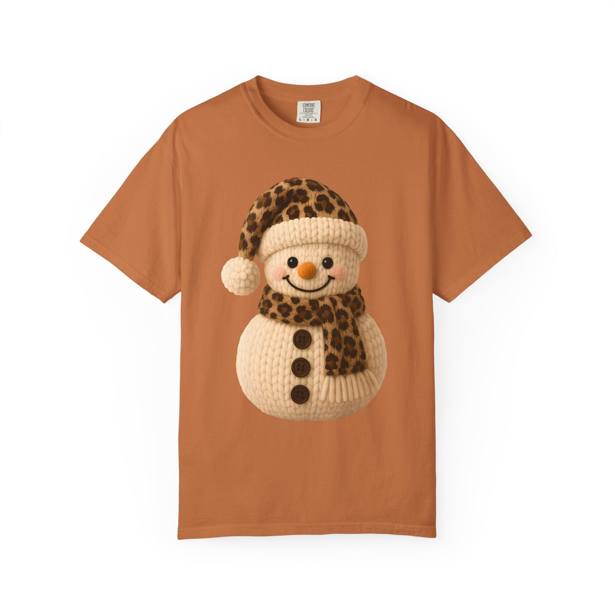 Cute Leopard Faux Knit Snowman Winter - Comfort Colors | Trendy Women's T-Shirt. Direct to Garment. Printed & Shipped in the USA. Unisex Sizes.