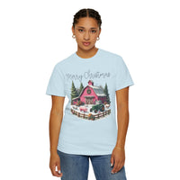 Merry Christmas Pink Barn Farm Animals - Comfort Colors | Trendy Women's T-Shirt. Direct to Garment. Printed & Shipped in the USA. Unisex Sizes.