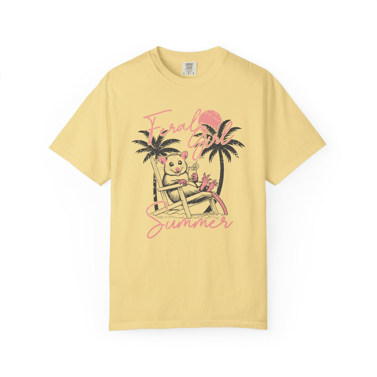 Feral Girl Summer, Possum on a Beach - Comfort Colors | Trendy Women's T-Shirt. Direct to Garment. Printed & Shipped in the USA. Unisex Sizes.