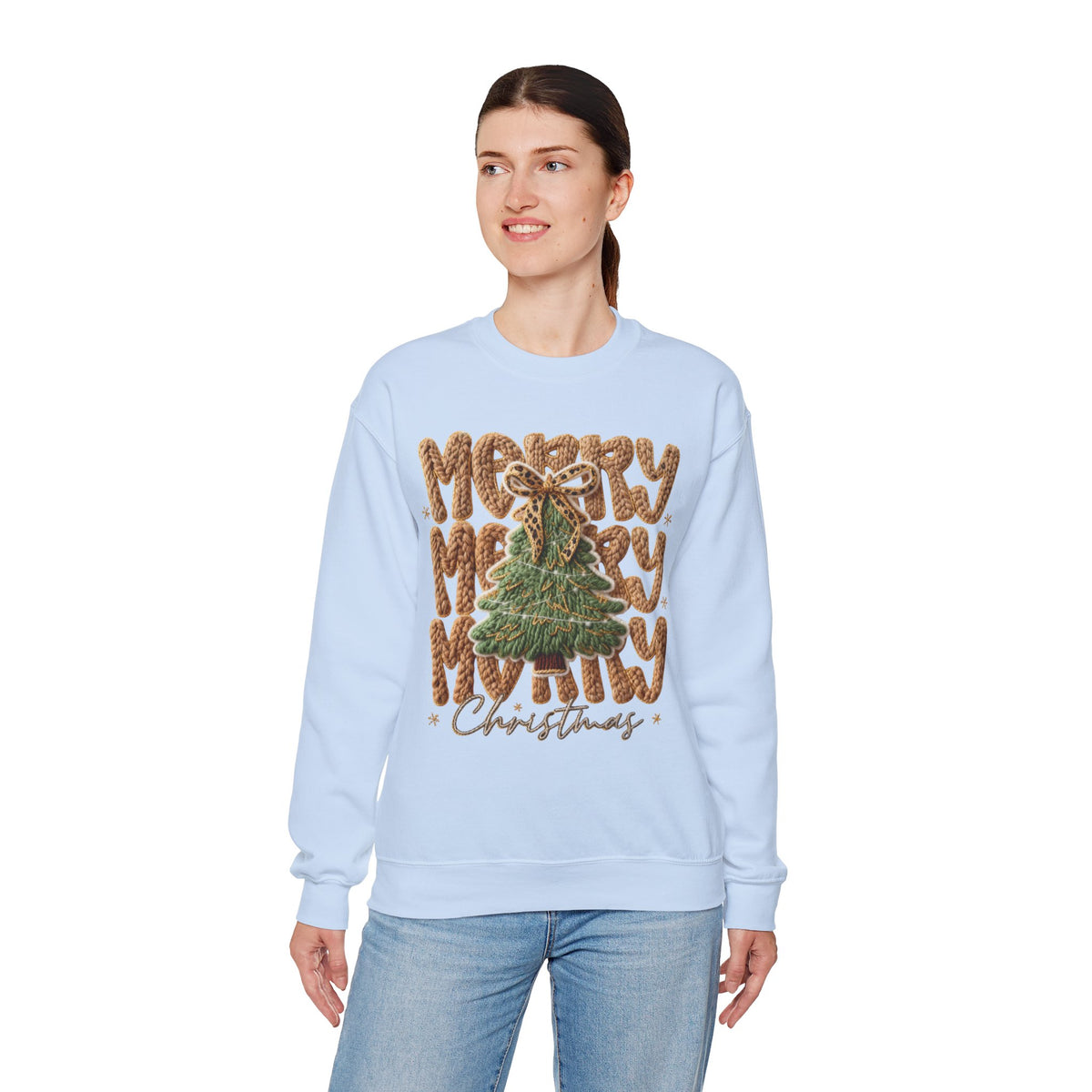 Merry Merry Merry Christmas, Faux Latch Hook Yarn – Gildan Heavy Blend | Trendy Women’s Soft Sweatshirt. Direct to Garment. Printed & Shipped in the USA. Unisex Sizes.