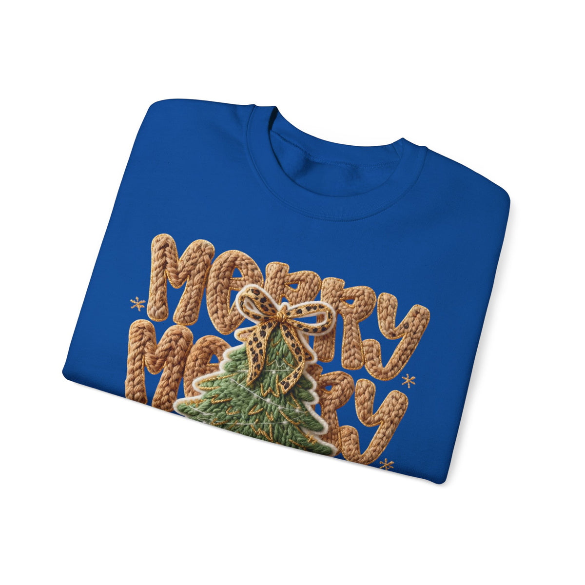 Merry Merry Merry Christmas, Faux Latch Hook Yarn – Gildan Heavy Blend | Trendy Women’s Soft Sweatshirt. Direct to Garment. Printed & Shipped in the USA. Unisex Sizes.